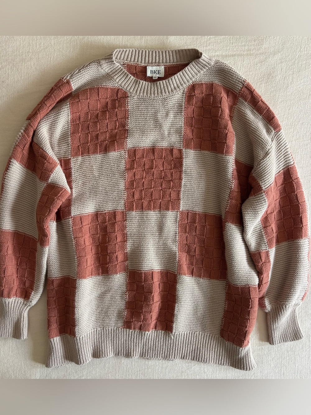 BKE Buckle Checkerboard Colorblock Sweater Rust Beige M